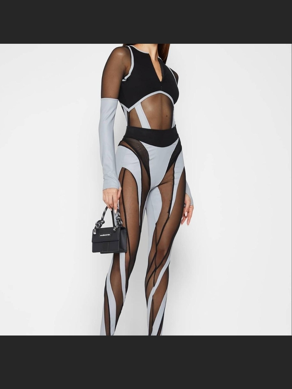 Sheer Panel High-Waist Mesh Leggings in Black and Light Gray
